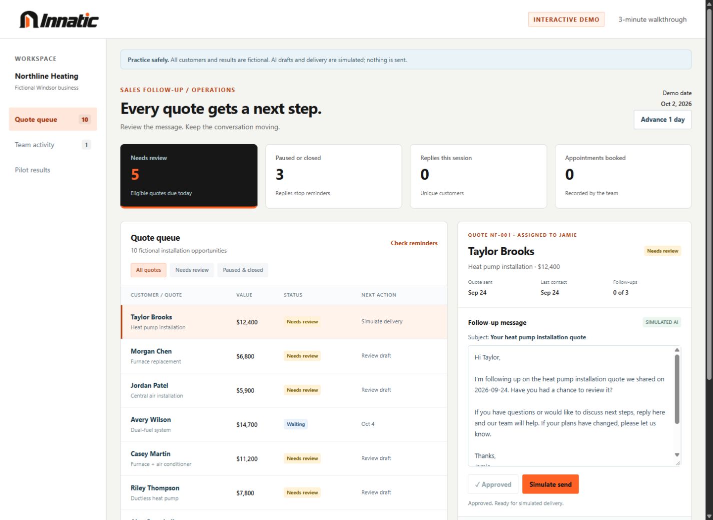 Quote follow-up dashboard showing fictional HVAC quotes, message approvals, and customer reply statuses